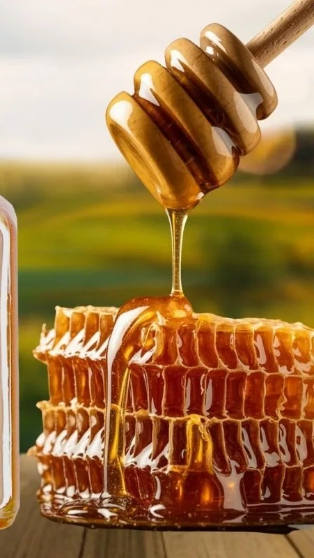 Honeycomb with honey drawn from a wooden dipper
